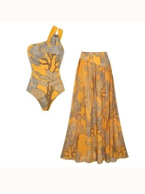 Yellow Botanical One-Shoulder Swimsuit & Matching Maxi Skirt Set